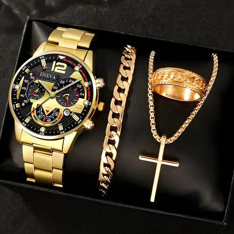 Conjunto Masculino de Relógios Elegantes – 4 Peças
Adicione estilo e sofisticação ao seu visual com este exclusivo kit de 4 relógios analógicos de quartzo, perfeitos para qualquer ocasião. Cada peça combina design m