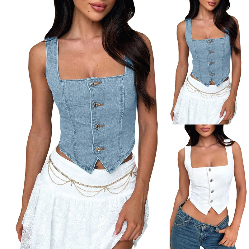 Top denim feminino estilo streetwear, com design elegante e sensual. Modelo cropped com decote quadrado e alças finas tipo suspensório, sem mangas, justo ao corpo e com fecho frontal em botões. Confeccionado em ganga de co