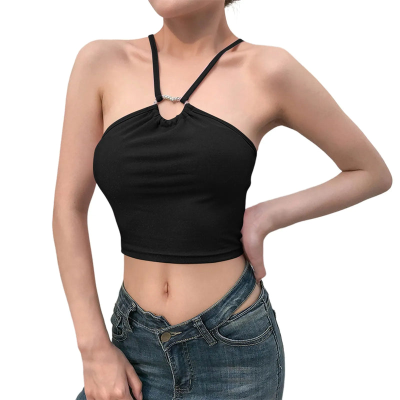 Blusa sem mangas, justa e com design moderno, perfeita para destacar a silhueta. Possui alças cruzadas ultra curtas e um estilo ousado e sensual, com acabamento levemente dessaturado que traz um toque urbano e sofisticado à