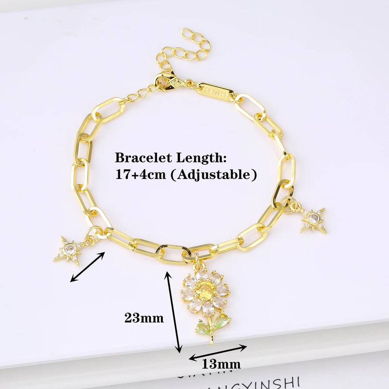 Pulseira Botânica de Cristal com Girassol e Zircónia Estrela
Descubra o encanto natural desta pulseira ajustável, inspirada na beleza dos girassóis e no brilho das estrelas.
Com detalhes delicados em cristal completo e zi