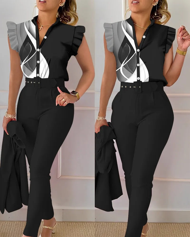 Conjunto Feminino Elegante 2 Peças – Verão Estampado com Decote em V e Calças com Cinto
Atualize o seu guarda-roupa com este conjunto feminino elegante e versátil, perfeito para os dias quentes de verão.
A parte superi