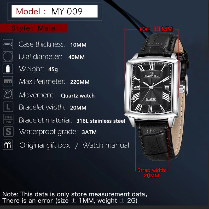 MAOYUAN - Relógio Masculino Elegante e Esportivo
Descubra o novo Relógio MAOYUAN com design quadrado moderno, inspirado nas tendências europeias e americanas. Ideal para homens que valorizam estilo, funcionalidade e durabi
