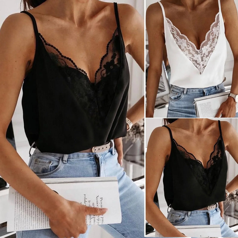 Top Feminino Sem Mangas com Renda – Estilo 2024
Elegância, sensualidade e conforto num só look.

Descobre o charme deste top feminino em cetim black ice silk, com um decote em V profundo e detalhes em renda delicada, perf