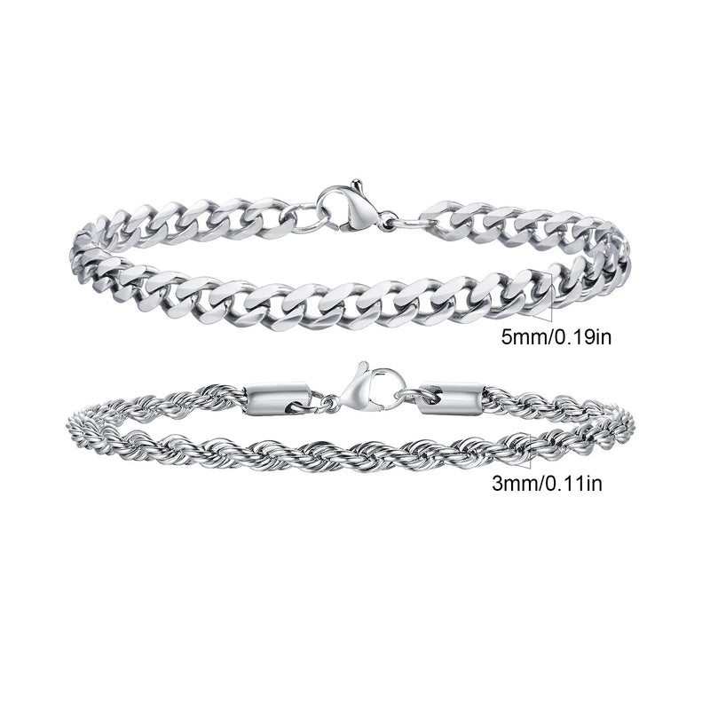 Conjunto de 2 Pulseiras Masculinas – Estilo Cubano Premium
Complete o visual com este conjunto de 2 pulseiras de corrente para homem, disponíveis nas elegantes cores Prata, Ouro e Preto.
Fabricadas em aço inoxidável de a