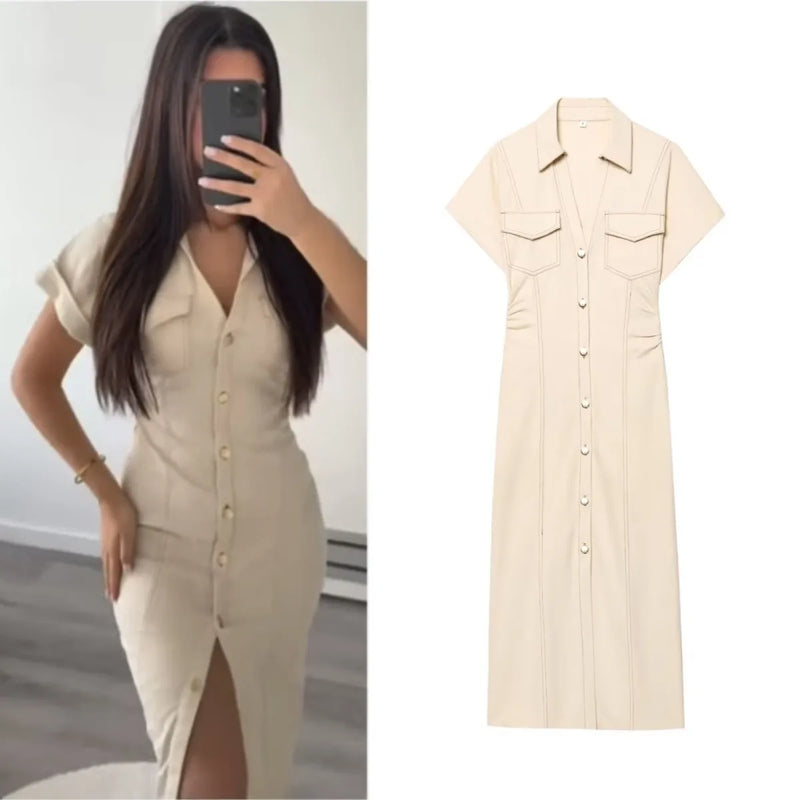 Vestido MIDI Denim Feminino – Elegância Casual ETJ 2025
Realça a tua silhueta com este vestido midi em denim leve, ideal para os dias mais quentes.
Com decote em V, pregas delicadas na cintura e mangas curtas, este modelo