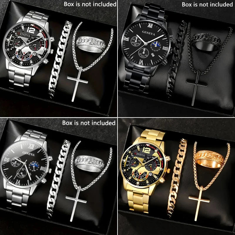 Conjunto Masculino de Relógios Elegantes – 4 Peças
Adicione estilo e sofisticação ao seu visual com este exclusivo kit de 4 relógios analógicos de quartzo, perfeitos para qualquer ocasião. Cada peça combina design m