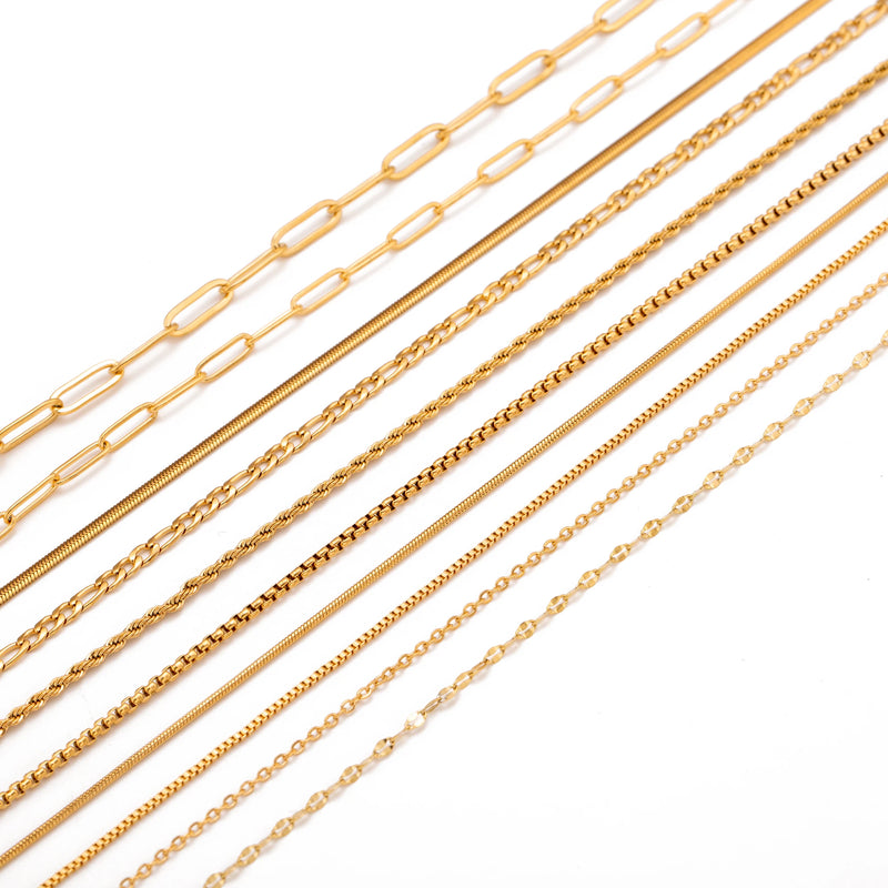Colar em Aço Inoxidável Dourado 18K – Corrente Ajustável com Design Cruz, Cubana ou Ripple (5 unidades)
Eleve o estilo com este conjunto de colares premium em aço inoxidável, com revestimento PVD em dourado 18K, que ga