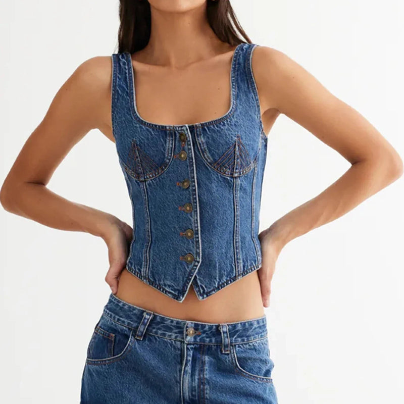 Blusa Feminina Slim em Denim – Estilo Retro Y2K com Decote Quadrado
Destaque-se com esta blusa feminina em denim, inspirada no estilo Y2K americano que voltou com tudo!
Com design slim, decote quadrado, costas descobertas