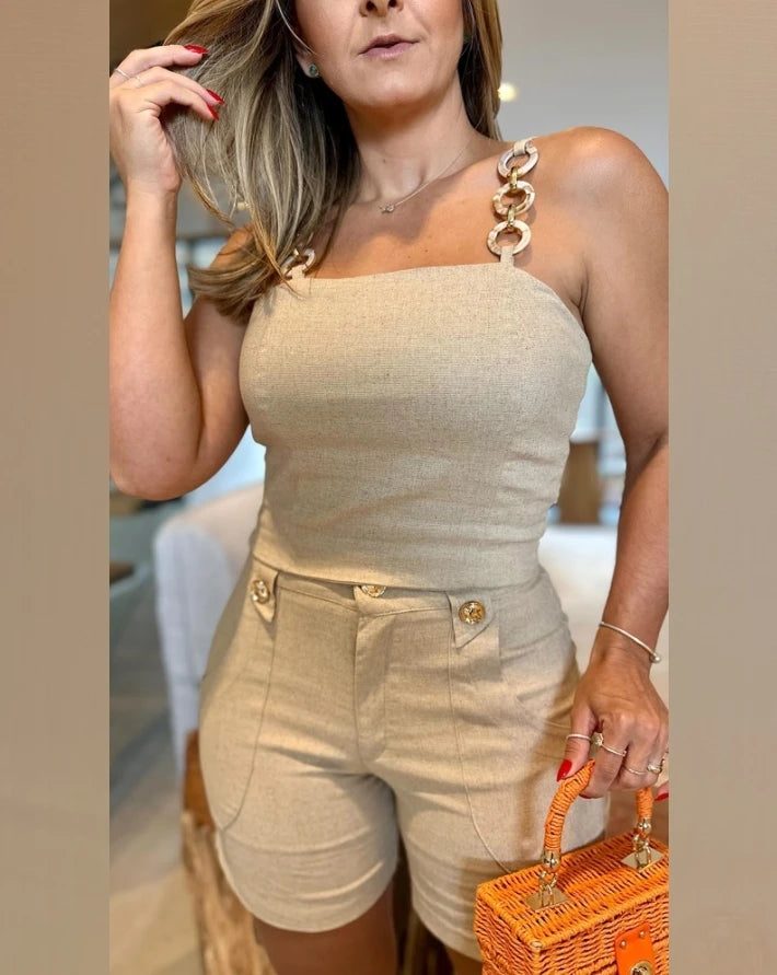 Conjunto Feminino 2 Peças – Camiseta de Alça + Calções Justos com Bolso
Destaque-se neste verão com este conjunto moderno e confortável, composto por uma camiseta de alça estilo ombro a ombro e shorts justos com desi