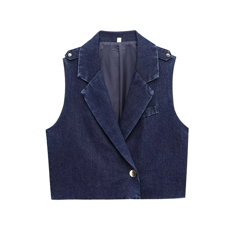 Conjunto Feminino em Denim Azul Escuro – Estilo Retrô & Streetwear
Destaque-se com este conjunto feminino 2 em 1 em jeans azul escuro com design retrô e toque moderno. O look combina um colete cropped com lapela e mangas